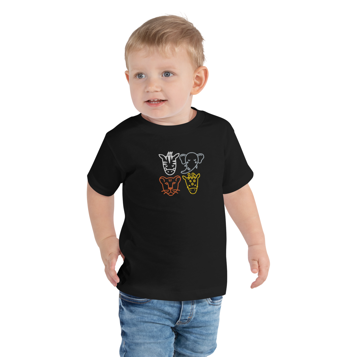 "Roar & Relax: Toddler Short Sleeve Safari Tee - 100% Cotton Comfort with Wild Embroidered Animals for Endless Adventures!"