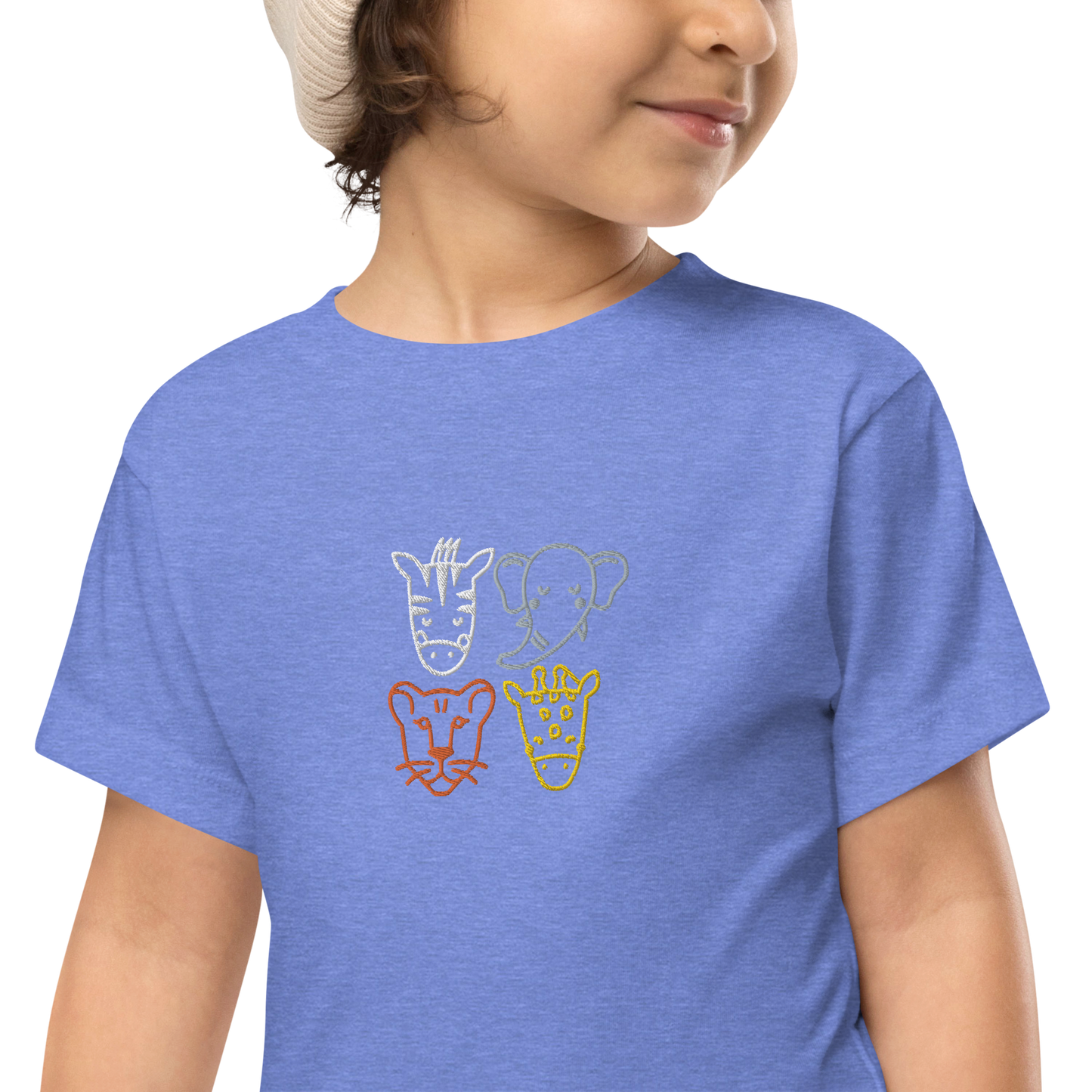 "Roar & Relax: Toddler Short Sleeve Safari Tee - 100% Cotton Comfort with Wild Embroidered Animals for Endless Adventures!"